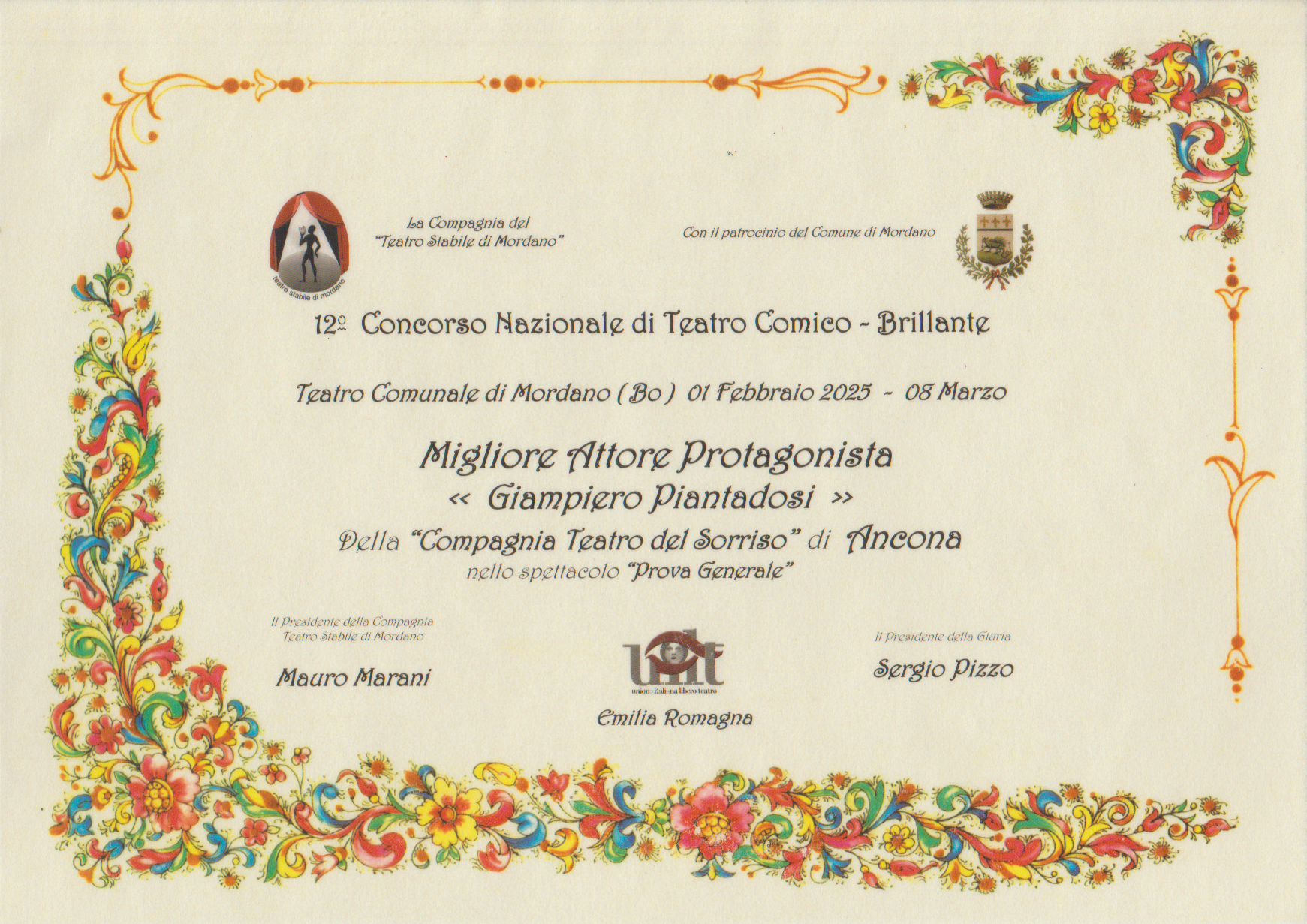 Pergamena del premio come migliore attore protagonista a Giampiero Piantadosi